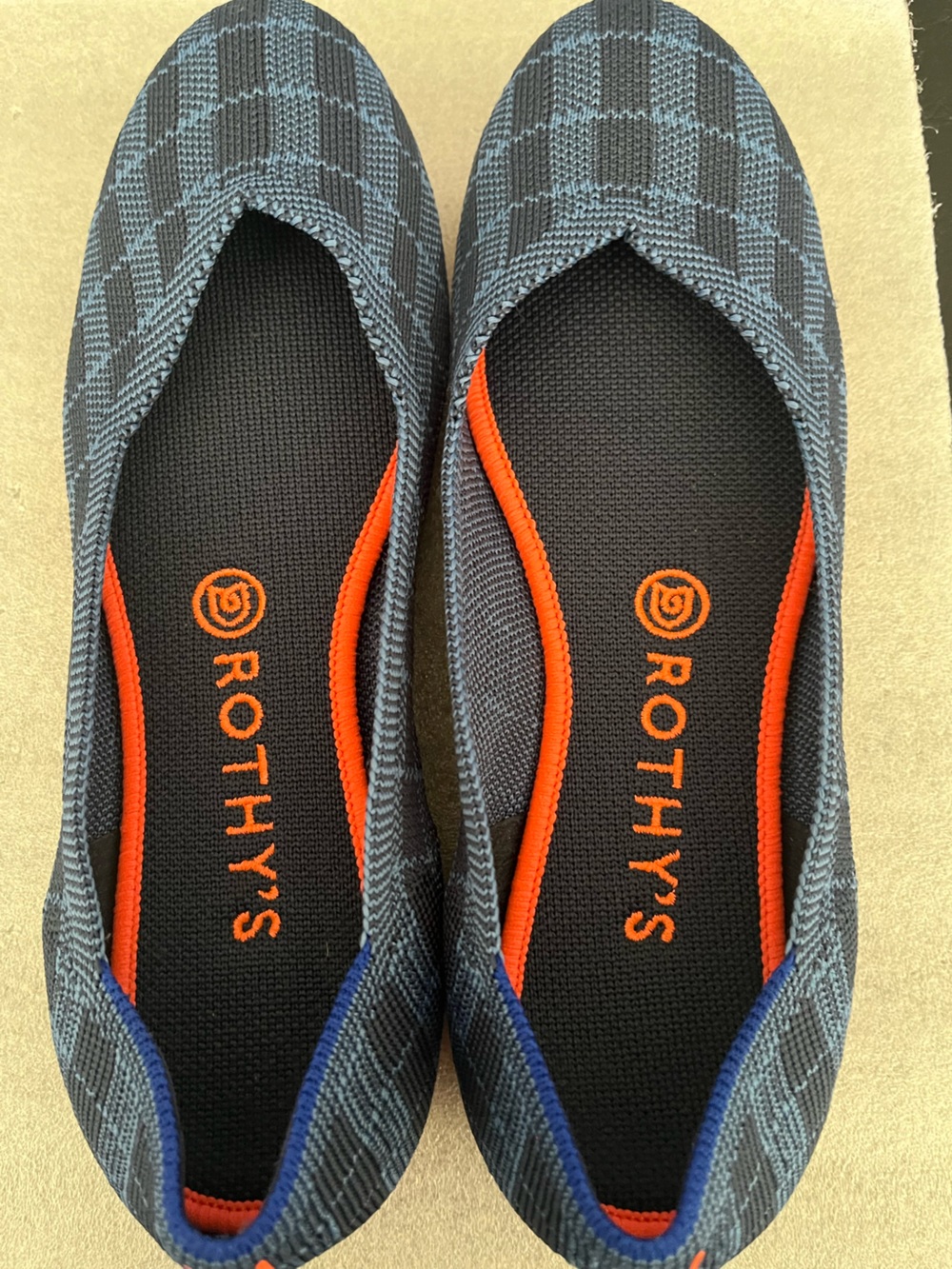 Rothy's Blue Gingham Flats with Bright Orange Soles